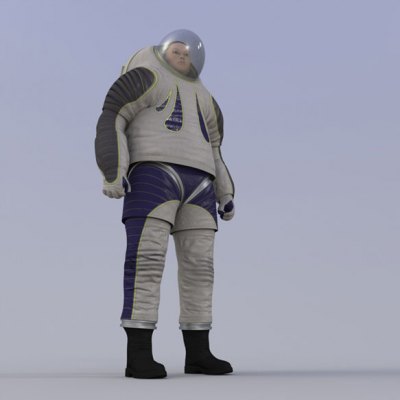 Suit 3: “Trends in Society.” The legs appear to have purple accents.  The chest features a droplet design, also purple. This design is "reflective of what everyday clothes may look like in the not too distant future,” NASA proclaims. 