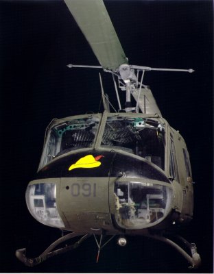 A restored Bell UH-1H “Huey” helicopter that flew over Vietnam in the 1960s.