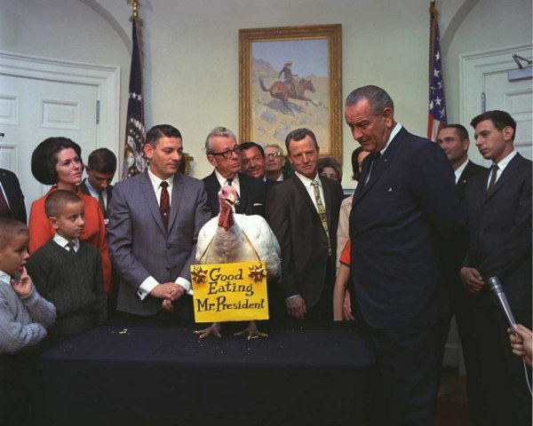 President Lyndon Johnson looked over the gobbler. Image: National Archives. 
