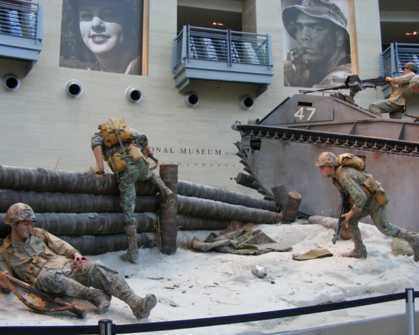 The National Museum of the Marine Corps in Triangle, Virginia, offers this depiction of the Battle of Tarawa (1943), during the U.S. participation in World War II (1941-45). More than 16 million Americans were in uniform; 291,557 died in battle.   