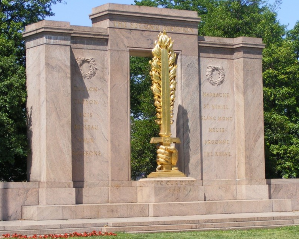 This Washington, D.C., memorial honors the 2nd Division's contributions during World War I. More than 4.7 million Americans were in military services during the U.S. participation in the war (1917-18), and there were 53,402 battle deaths.