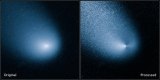 The images above show -- before and after filtering -- the comet known as Siding Spring, as captured by NASA's Hubble Space Telescope. Image: NASA.