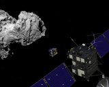 Artist's conception: The Rosetta orbiter deploying the Philae lander to comet 67P/Churyumov–Gerasimenko. (Image is not to scale.) Image: ESA.