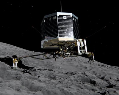A European probe landed on a comet. Artist's concept: ESA.