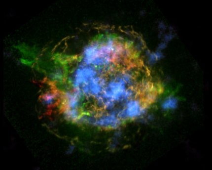 NuSTAR data showing high-energy X-rays from radioactive material are colored blue. Lower-energy X-rays from nonradioactive material are shown in red, yellow and green. NASA image.